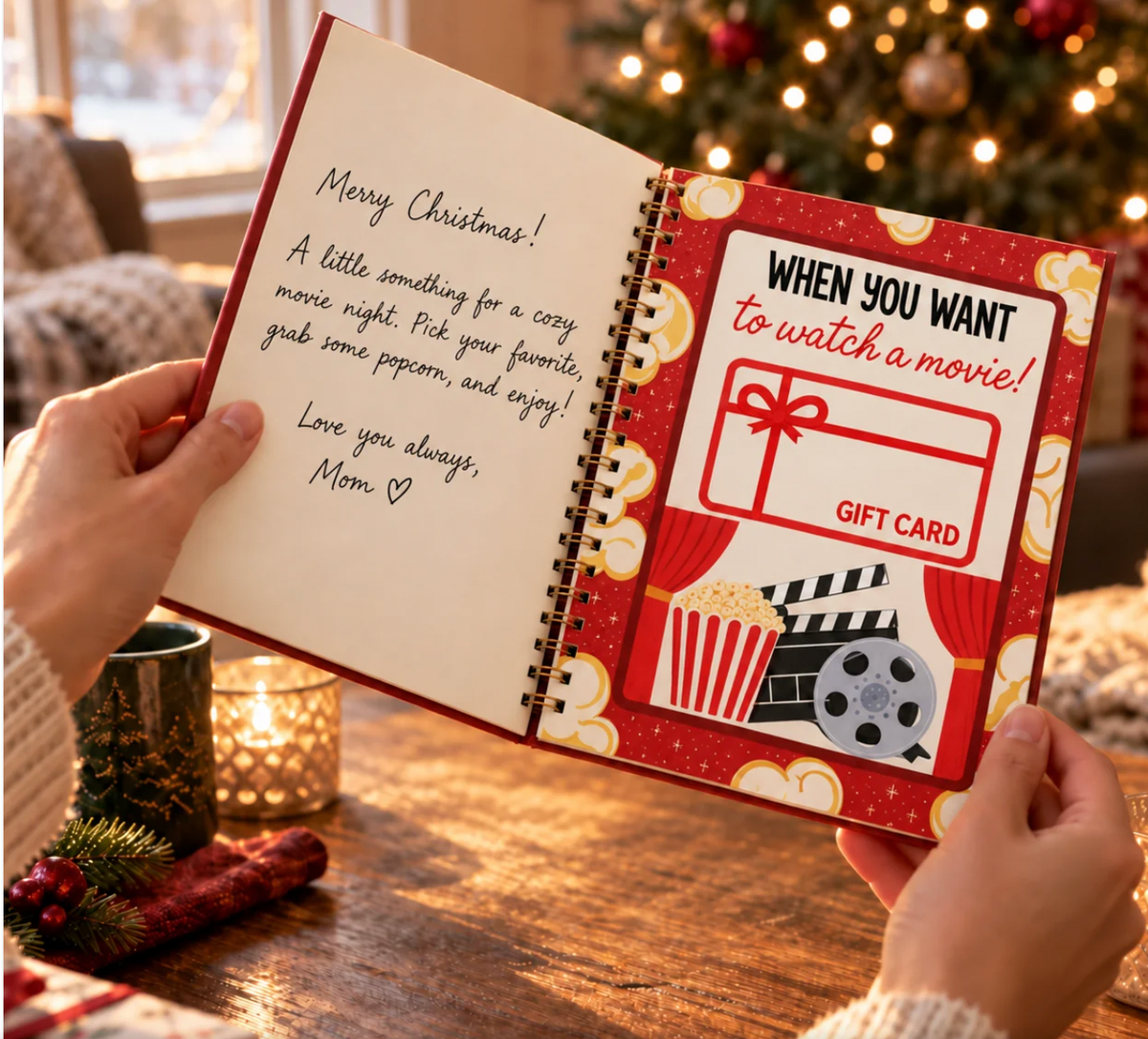 Libro abierto con una nota escrita a mano y una tarjeta de regalo