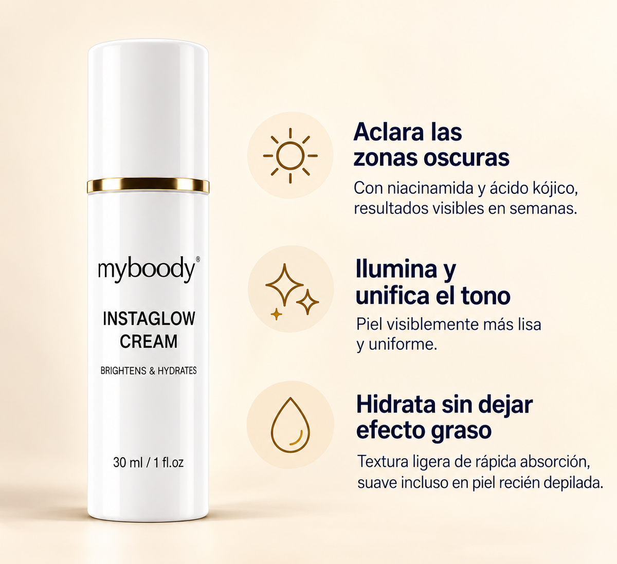 Beneficios de la crema: aclara zonas oscuras, unifica el tono e hidrata sin efecto graso